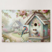 Voorjaarsvogelhuisje met pastelbloemen en vogel legpuzzel (Horizontaal)