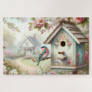 Voorjaarsvogelhuisje met pastelbloemen en vogel legpuzzel