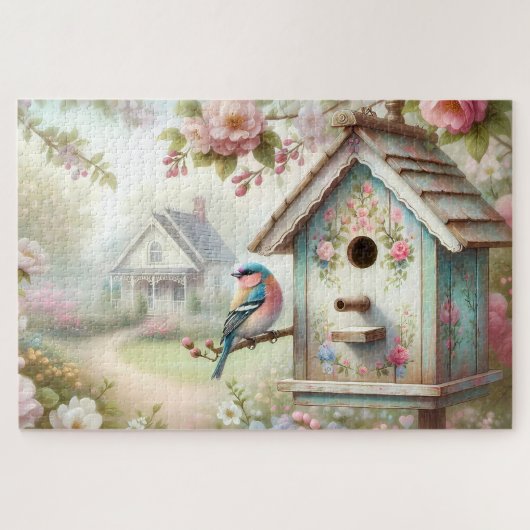 Voorjaarsvogelhuisje met pastelbloemen en vogel legpuzzel (Horizontaal)