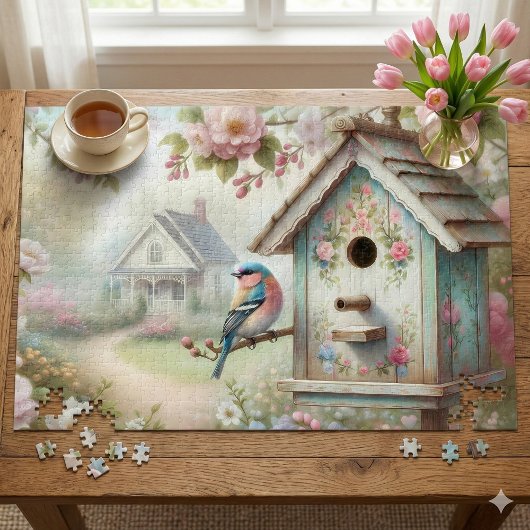 Voorjaarsvogelhuisje met pastelbloemen en vogel legpuzzel