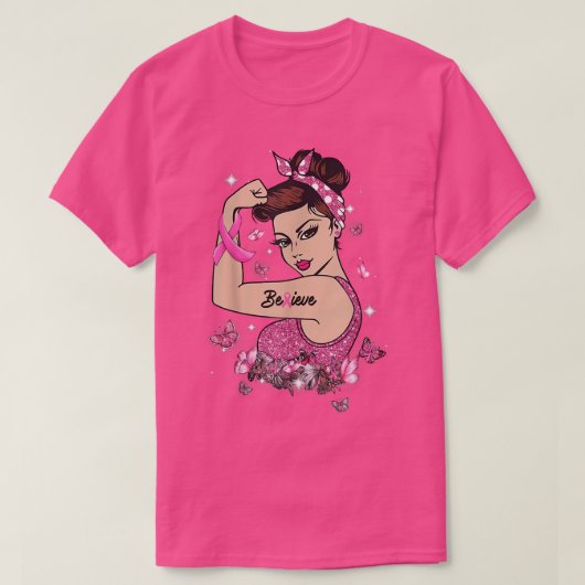 Voorlichting over borstkanker Beleef roze sterke v T-shirt (Design voorkant)