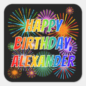 Voornaam "ALEXANDER", geun "HAPPY BIRTHDAY" Vierkante Sticker (Voorkant)