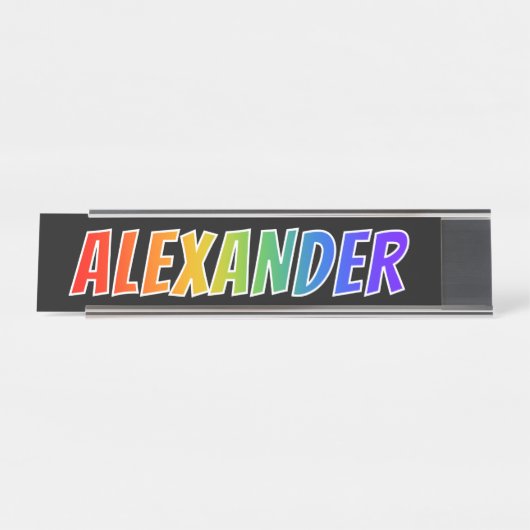 Voornaam "ALEXANDER": vun regenboogkleuren Bureau Naambordje (Voorkant)
