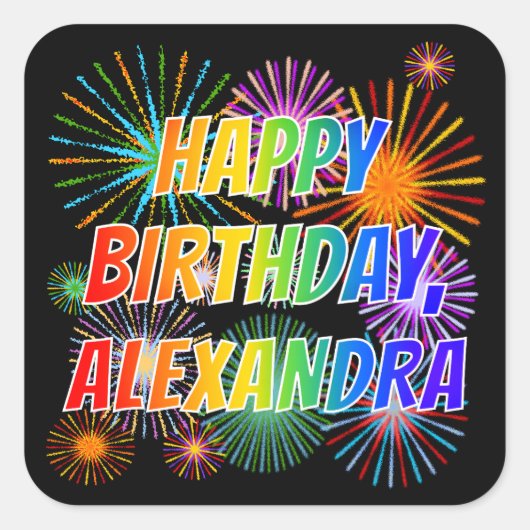 Voornaam "ALEXANDRA", geun "HAPPY BIRTHDAY" Vierkante Sticker (Voorkant)