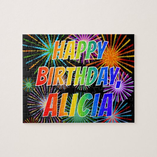 Voornaam "ALICIA", geun "HAPPY BIRTHDAY" Legpuzzel (Horizontaal)