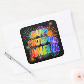 Voornaam "AMELIA", geun "HAPPY BIRTHDAY" Vierkante Sticker (Envelop)