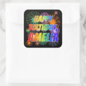 Voornaam "AMELIA", geun "HAPPY BIRTHDAY" Vierkante Sticker (Tas)