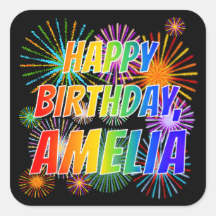Voornaam "AMELIA", geun "HAPPY BIRTHDAY" Vierkante Sticker