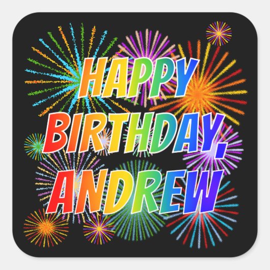 Voornaam "ANDREW", geun "HAPPY BIRTHDAY" Vierkante Sticker (Voorkant)