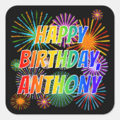 Voornaam "ANTHONY", geun "HAPPY BIRTHDAY" Vierkante Sticker (Voorkant)