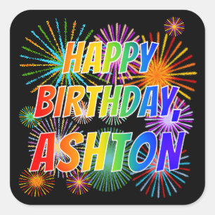 Voornaam "ASHTON", geun "HAPPY BIRTHDAY" Vierkante Sticker