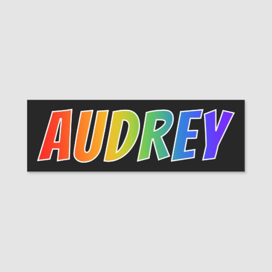 Voornaam "AUDREY": Fun Rainbow-kleuren Naamplaatje (Voorkant)