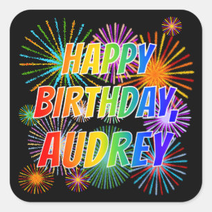 Voornaam "AUDREY", geun "HAPPY BIRTHDAY" Vierkante Sticker