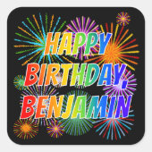 Voornaam "BENJAMIN", geun "HAPPY BIRTHDAY" Vierkante Sticker (Voorkant)
