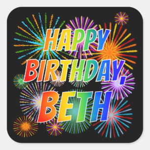 Voornaam "BETH", Fun "HAPPY BIRTHDAY" Vierkante Sticker