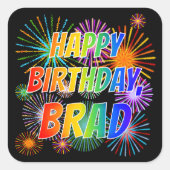 Voornaam "BRAD", geun "HAPPY BIRTHDAY" Vierkante Sticker (Voorkant)
