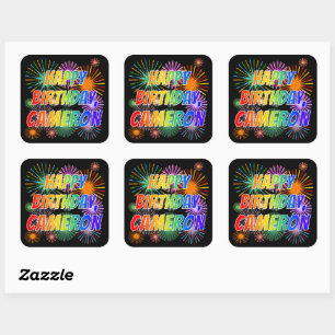Voornaam "CAMERON", geun "HAPPY BIRTHDAY" Vierkante Sticker