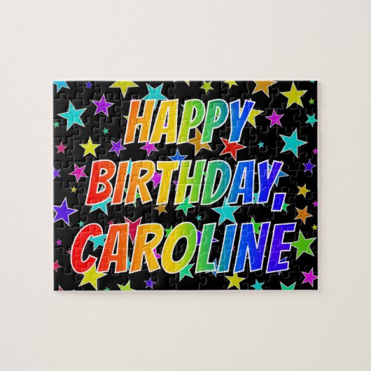 Voornaam "CAROLINE", geun "HAPPY BIRTHDAY" Legpuzzel (Horizontaal)