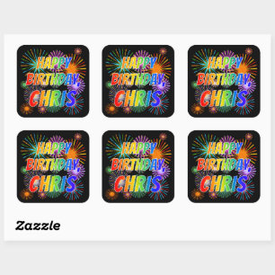 Voornaam "CHRIS", vun "HAPPY BIRTHDAY" Vierkante Sticker