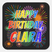 Voornaam "CLARA", geun "HAPPY BIRTHDAY" Vierkante Sticker (Voorkant)