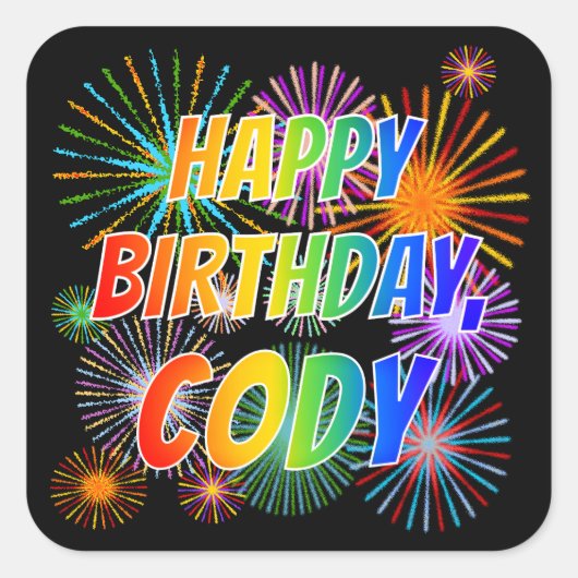 Voornaam "CODY", geun "HAPPY BIRTHDAY" Vierkante Sticker (Voorkant)