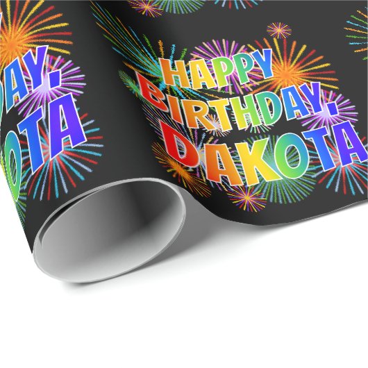 Voornaam: "DAKOTA", vun. "HAPPY BIRTHDAY" Cadeaupapier (Rol Hoek)