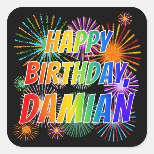 Voornaam "DAMIAN", geun "HAPPY BIRTHDAY" Vierkante Sticker (Voorkant)