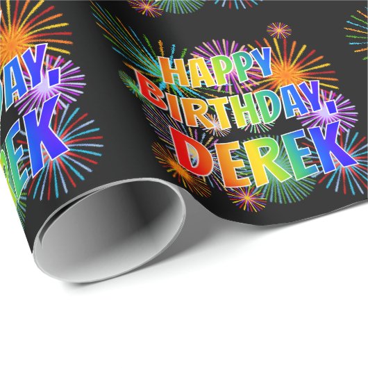 Voornaam "DEREK", vun "HAPPY BIRTHDAY" Cadeaupapier (Rol Hoek)