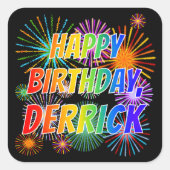 Voornaam "DERRICK", vun "HAPPY BIRTHDAY" Vierkante Sticker (Voorkant)