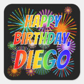 Voornaam "DIEGO", geun "HAPPY BIRTHDAY" Vierkante Sticker (Voorkant)