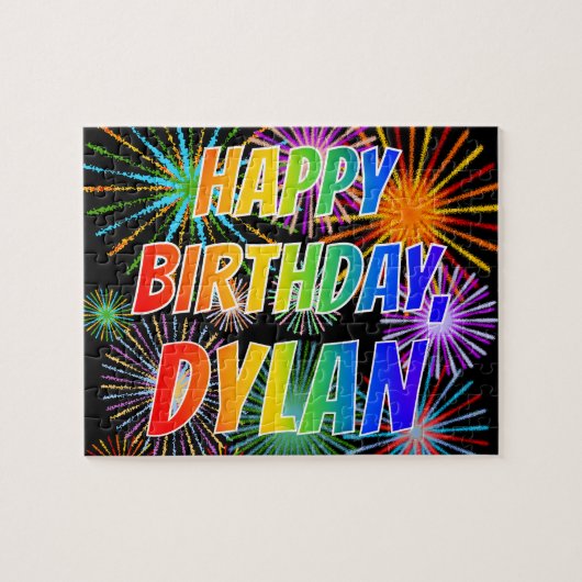 Voornaam "DYLAN", afgekort "HAPPY BIRTHDAY" Legpuzzel (Horizontaal)