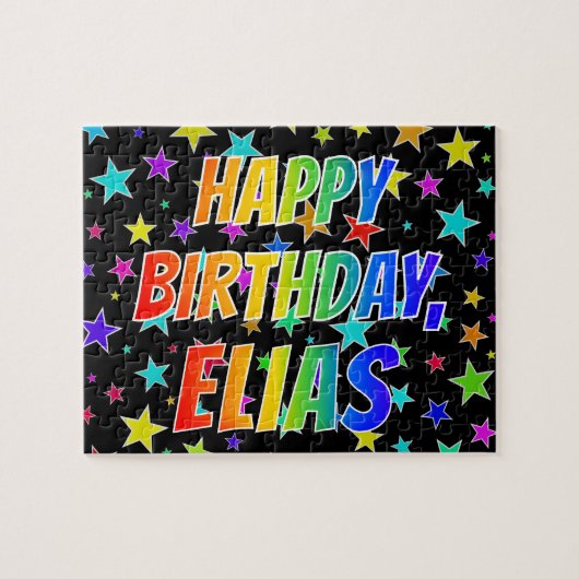 Voornaam "ELIAS", geun "HAPPY BIRTHDAY" Legpuzzel (Horizontaal)