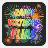 Voornaam "ELIAS", geun "HAPPY BIRTHDAY" Vierkante Sticker (Voorkant)
