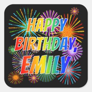 Voornaam "EMILY", geun "HAPPY BIRTHDAY" Vierkante Sticker