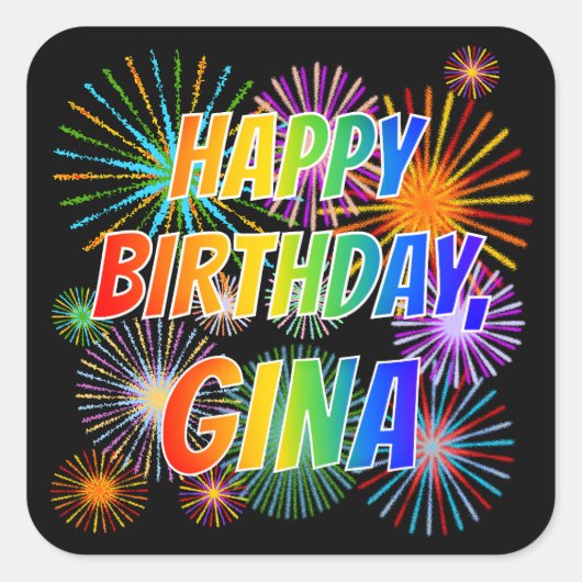 Voornaam "GINA", geun "HAPPY BIRTHDAY" Vierkante Sticker (Voorkant)