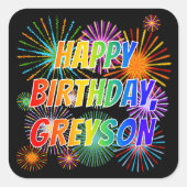 Voornaam "GREYSON", geun "HAPPY BIRTHDAY" Vierkante Sticker (Voorkant)