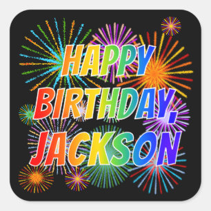 Voornaam "JACKSON", geun "HAPPY BIRTHDAY" Vierkante Sticker