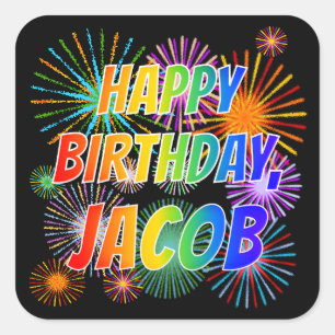 Voornaam "JACOB", geun "HAPPY BIRTHDAY" Vierkante Sticker