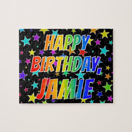 Voornaam "JAMIE", geun "HAPPY BIRTHDAY" Legpuzzel (Horizontaal)