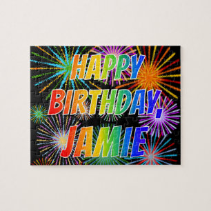 Voornaam "JAMIE", geun "HAPPY BIRTHDAY" Legpuzzel