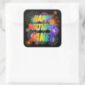Voornaam "JANET", geun "HAPPY BIRTHDAY" Vierkante Sticker (Tas)