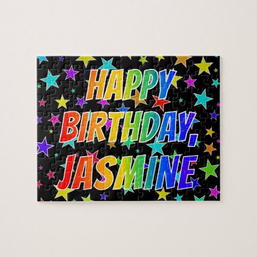 Voornaam "JASMINE", geun "HAPPY BIRTHDAY" Legpuzzel (Horizontaal)