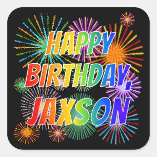 Voornaam "JAXSON", geun "HAPPY BIRTHDAY" Vierkante Sticker