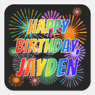 Voornaam: "JAYDEN", Fun "HAPPY BIRTHDAY" Vierkante Sticker