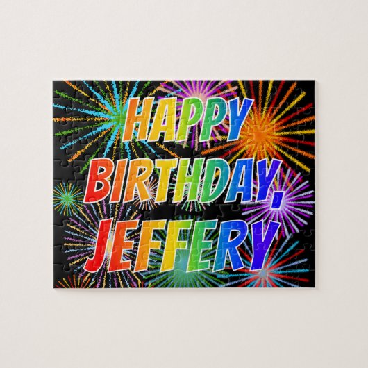 Voornaam "JEFFERY", geun "HAPPY BIRTHDAY" Legpuzzel (Horizontaal)