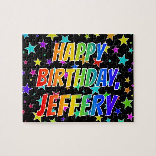 Voornaam "JEFFERY", geun "HAPPY BIRTHDAY" Legpuzzel (Horizontaal)