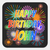 Voornaam "JOHN", geun "HAPPY BIRTHDAY" Vierkante Sticker (Voorkant)