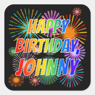 Voornaam "JOHNNY", geun "HAPPY BIRTHDAY" Vierkante Sticker