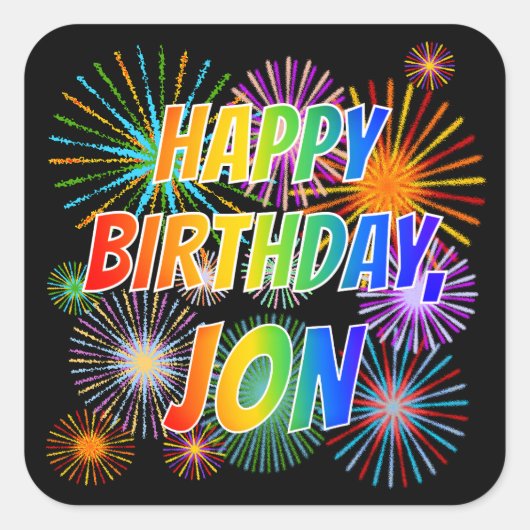 Voornaam "JON", geun "HAPPY BIRTHDAY" Vierkante Sticker (Voorkant)