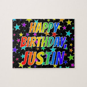 Voornaam "JUSTIN", geun "HAPPY BIRTHDAY" Legpuzzel